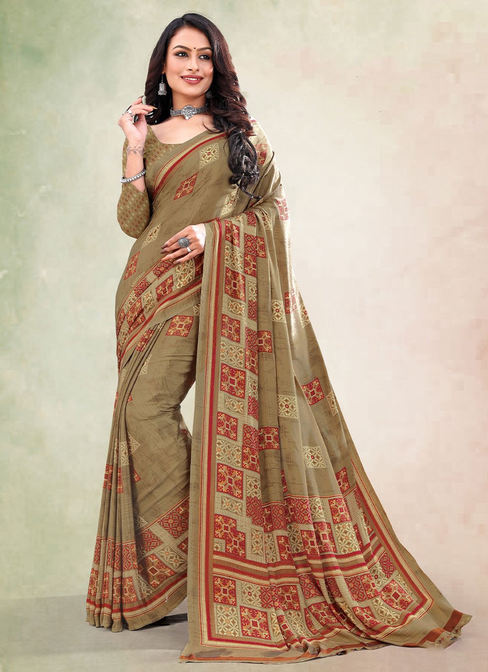 Trendy Saree Faux Crepe Beige Print Saree