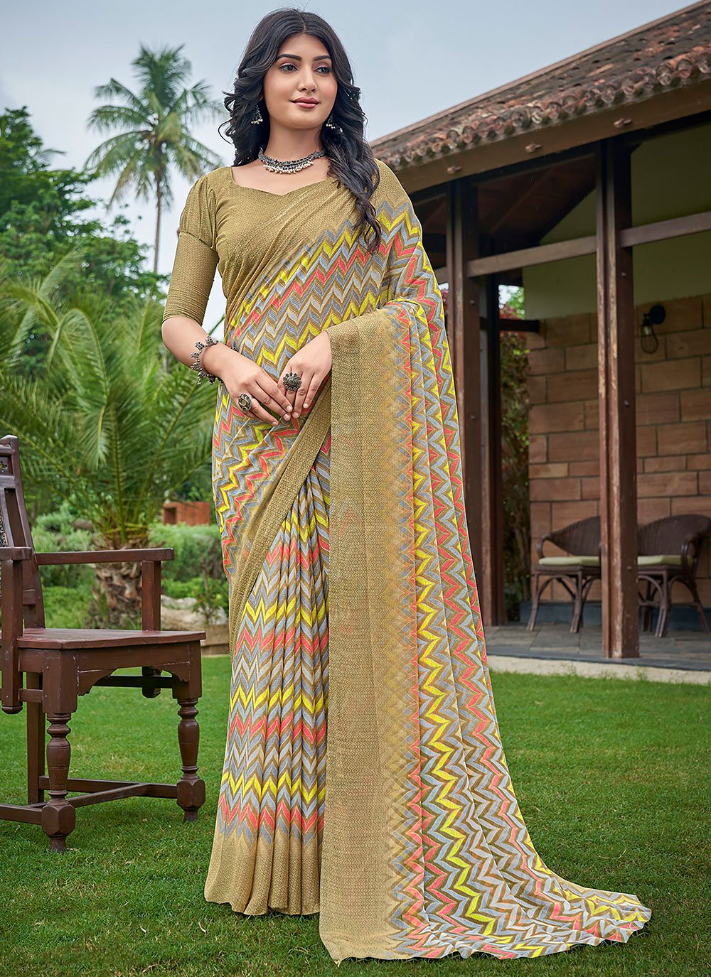 Classic Chiffon Beige Print Saree