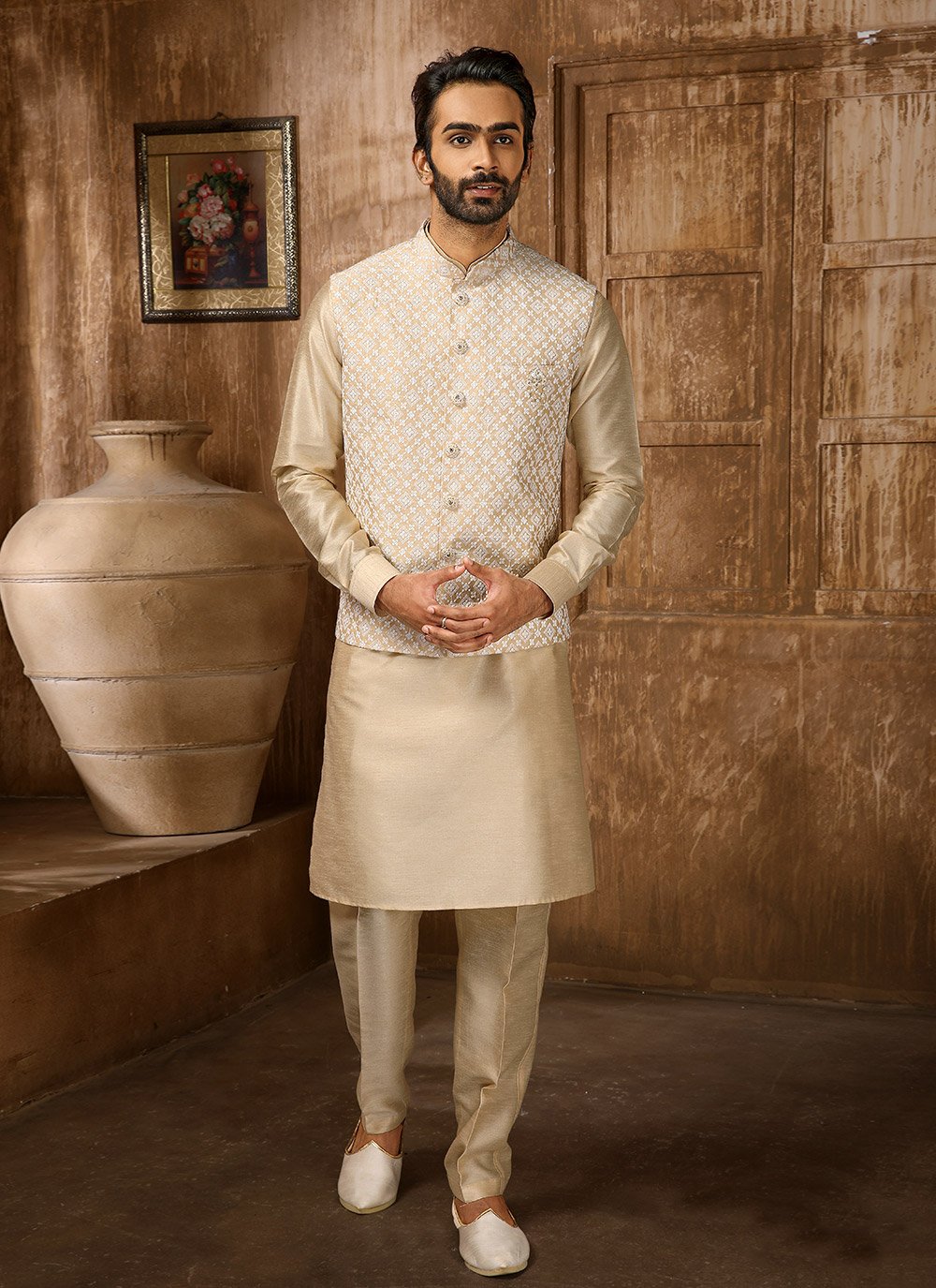 Kurta Payjama With Jacket Art Banarasi Silk Beige Embroidered Mens