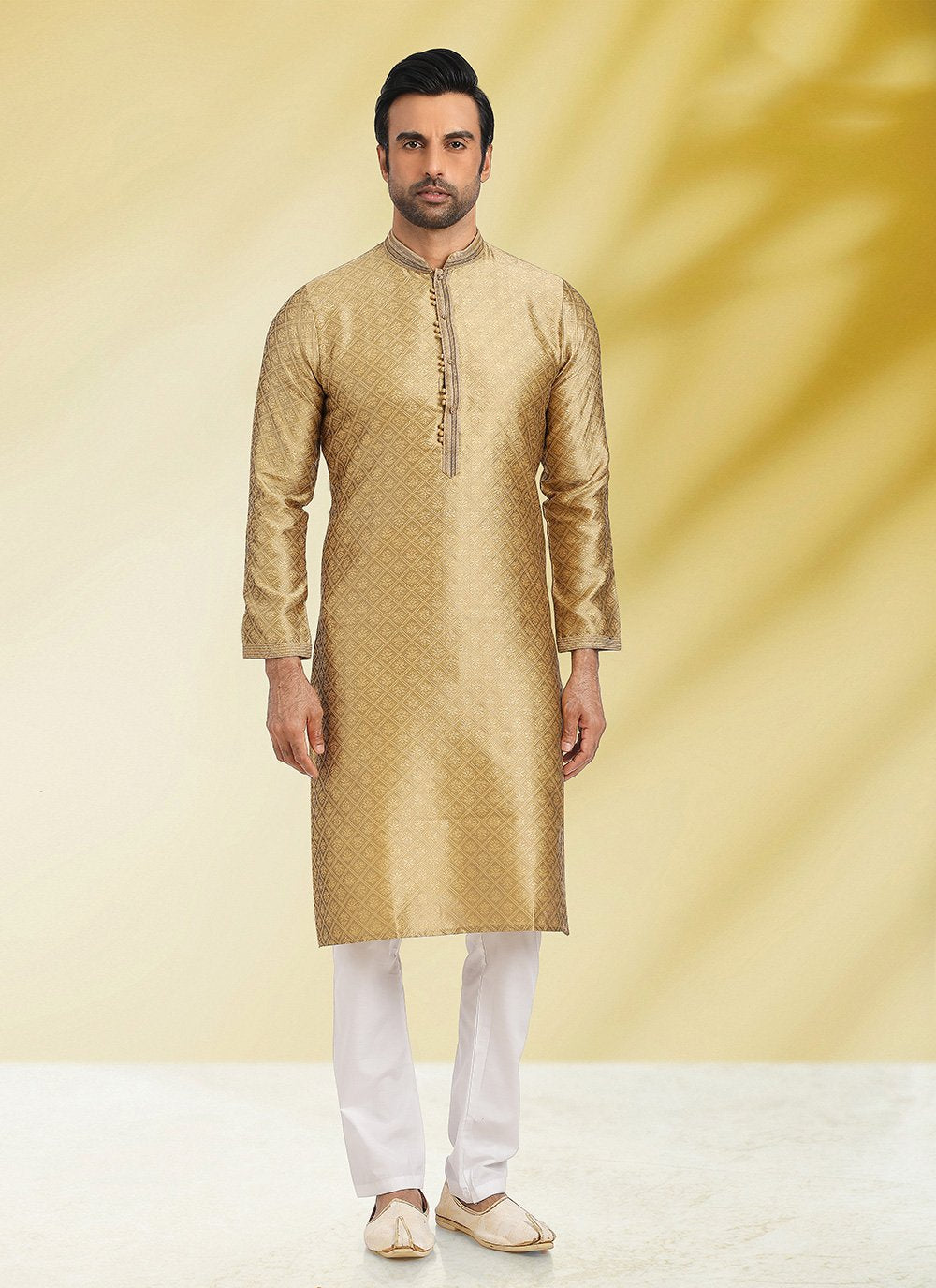 Kurta Pyjama Jacquard Beige Fancy Work Mens