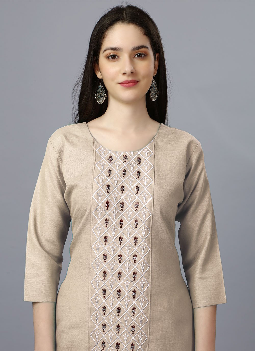 Party Wear Kurti Cotton Beige Embroidered Kurtis