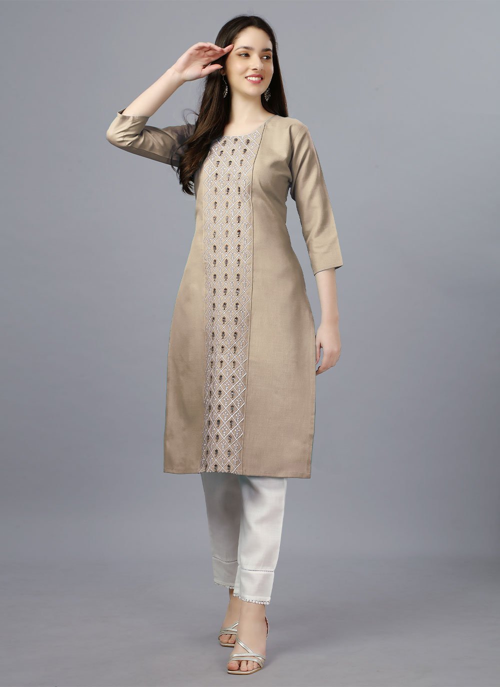 Party Wear Kurti Cotton Beige Embroidered Kurtis