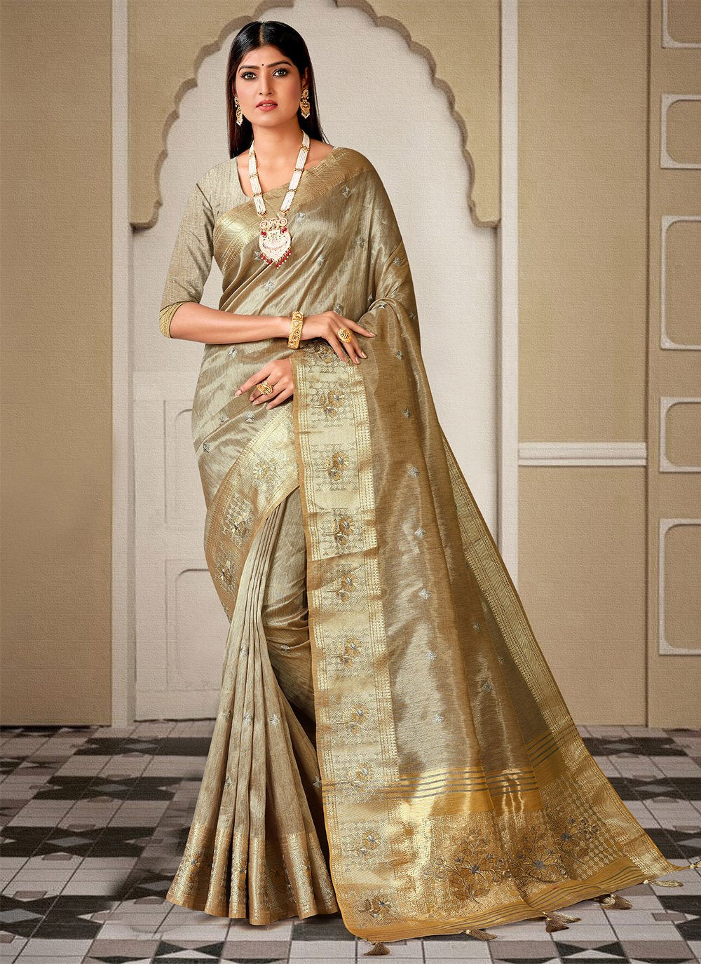 Contemporary Handloom Silk Beige Embroidered Saree