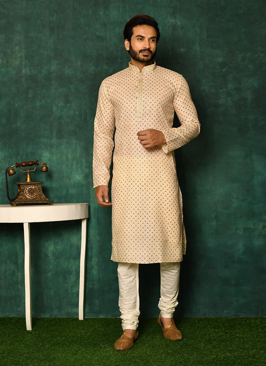 Kurta Pyjama Cotton Beige Print Mens