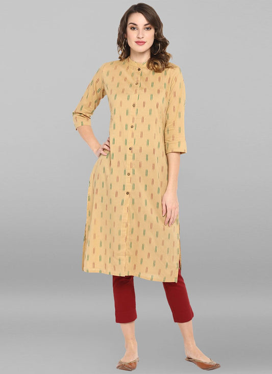 Designer Kurti Cotton Beige Print Kurtis