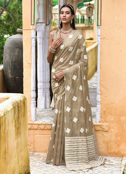 Trendy Saree Cotton Lucknowi Beige Weaving Saree