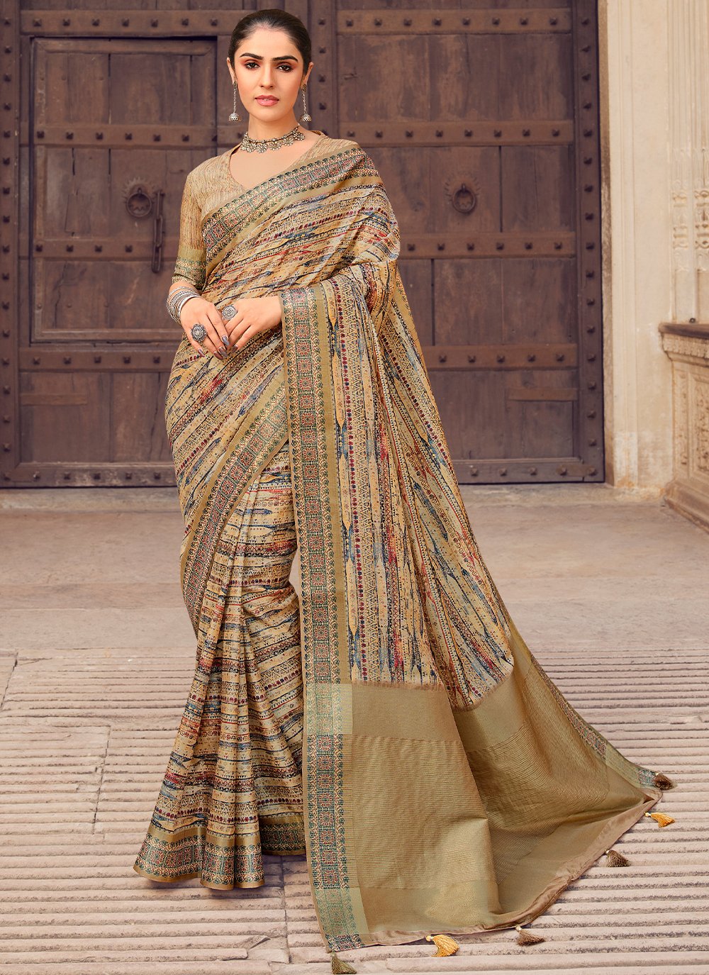 Designer Silk Beige Digital Print Saree