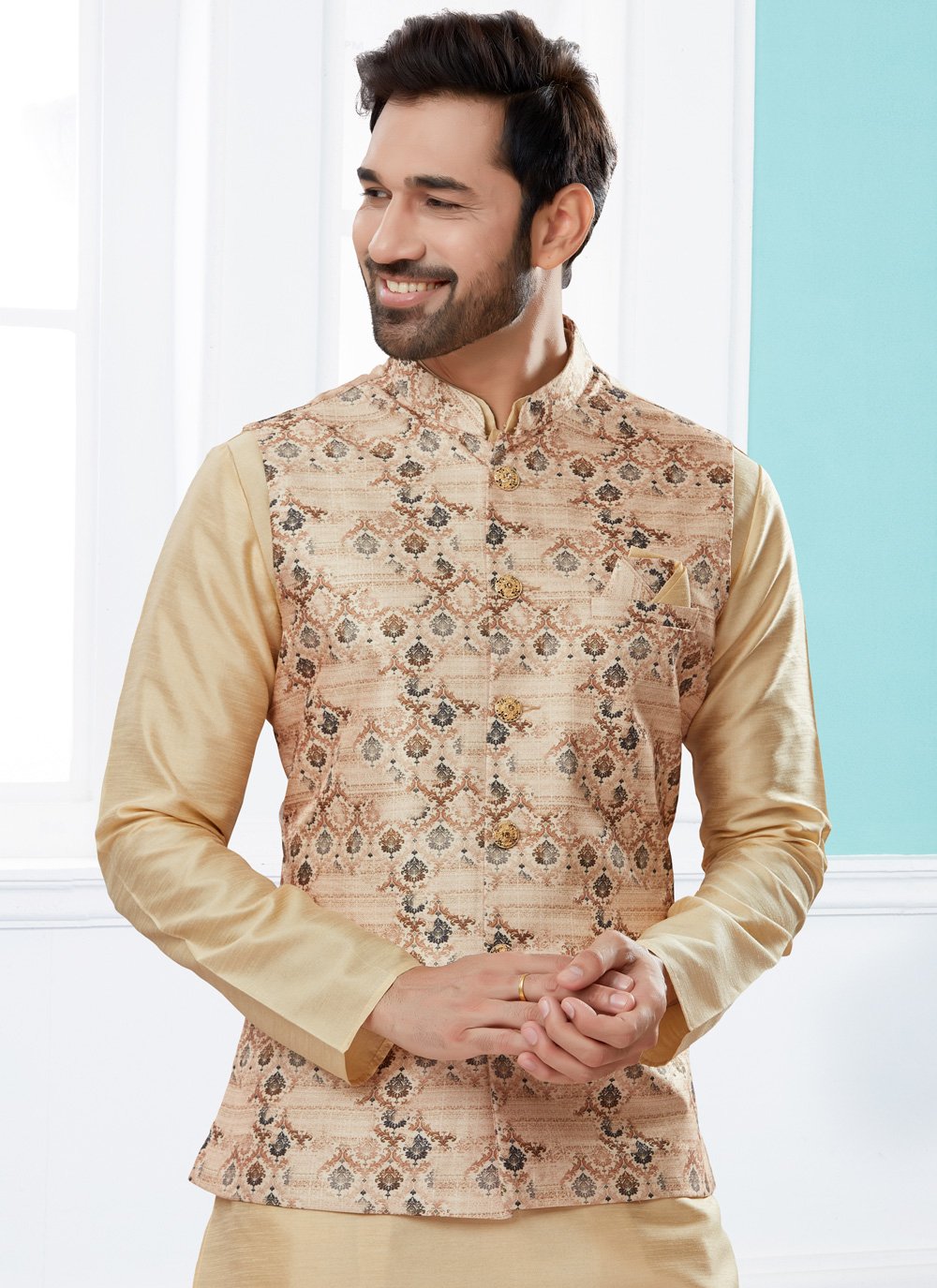 Kurta Payjama With Jacket Dupion Silk Jacquard Beige Digital Print Mens