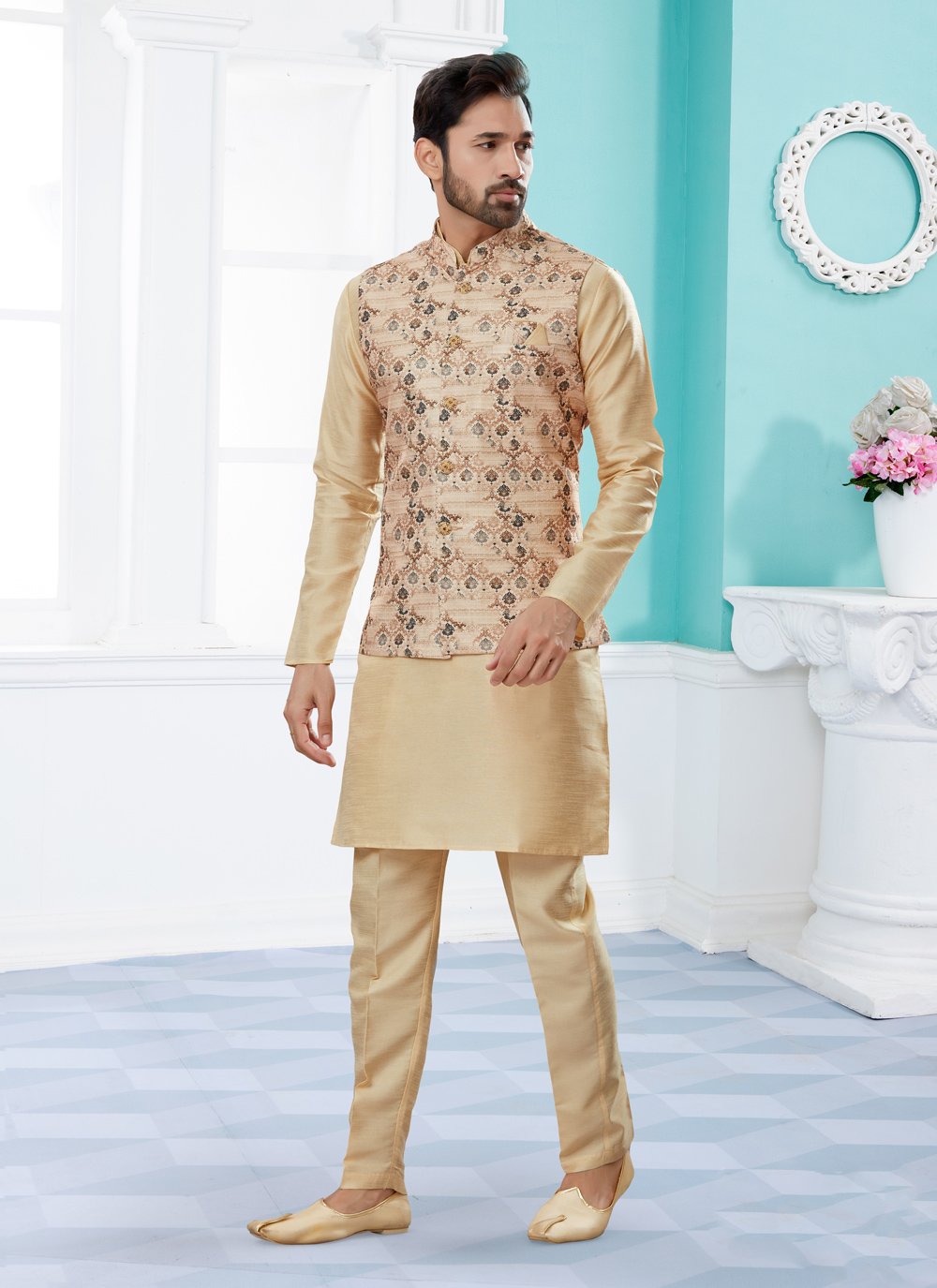 Kurta Payjama With Jacket Dupion Silk Jacquard Beige Digital Print Mens