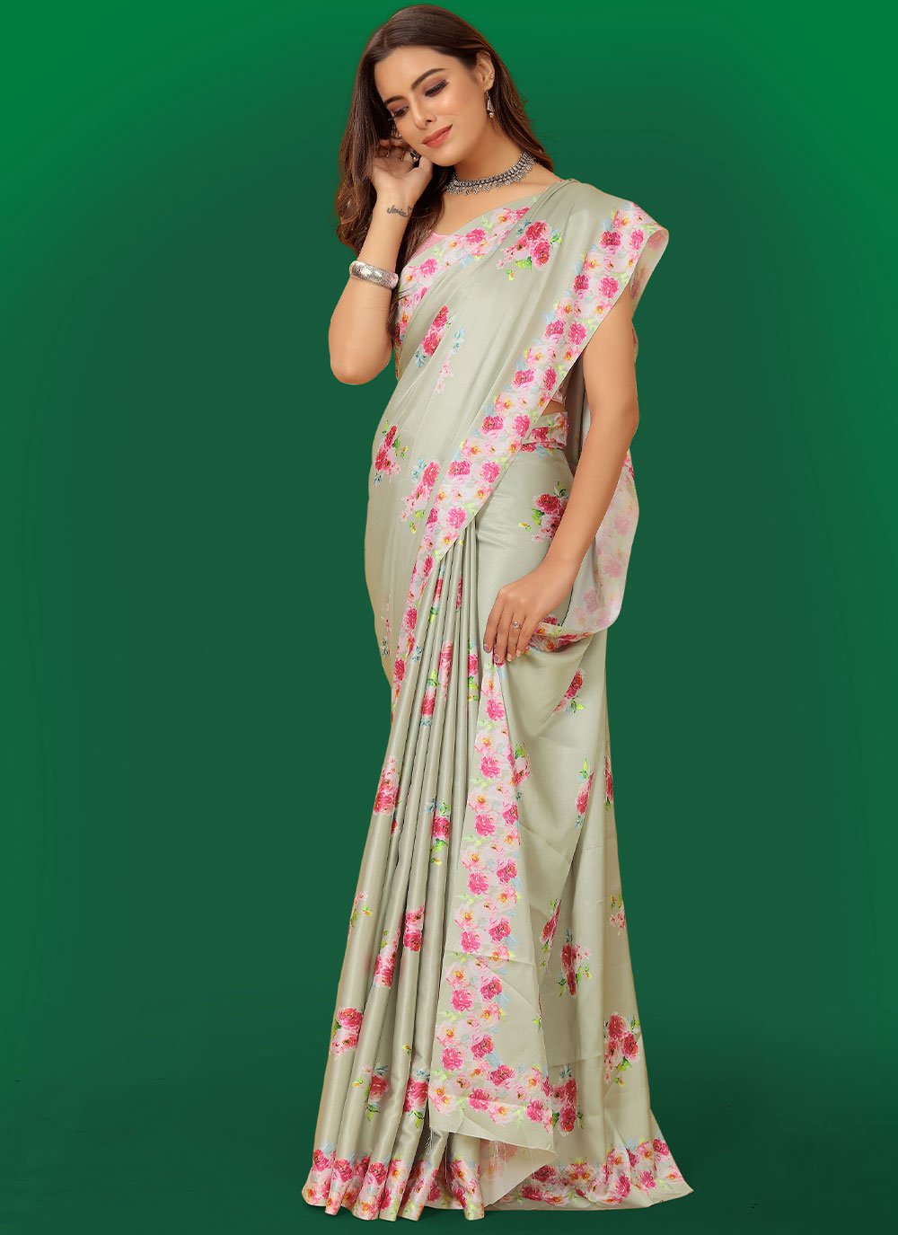 Trendy Saree Satin Beige Digital Print Saree