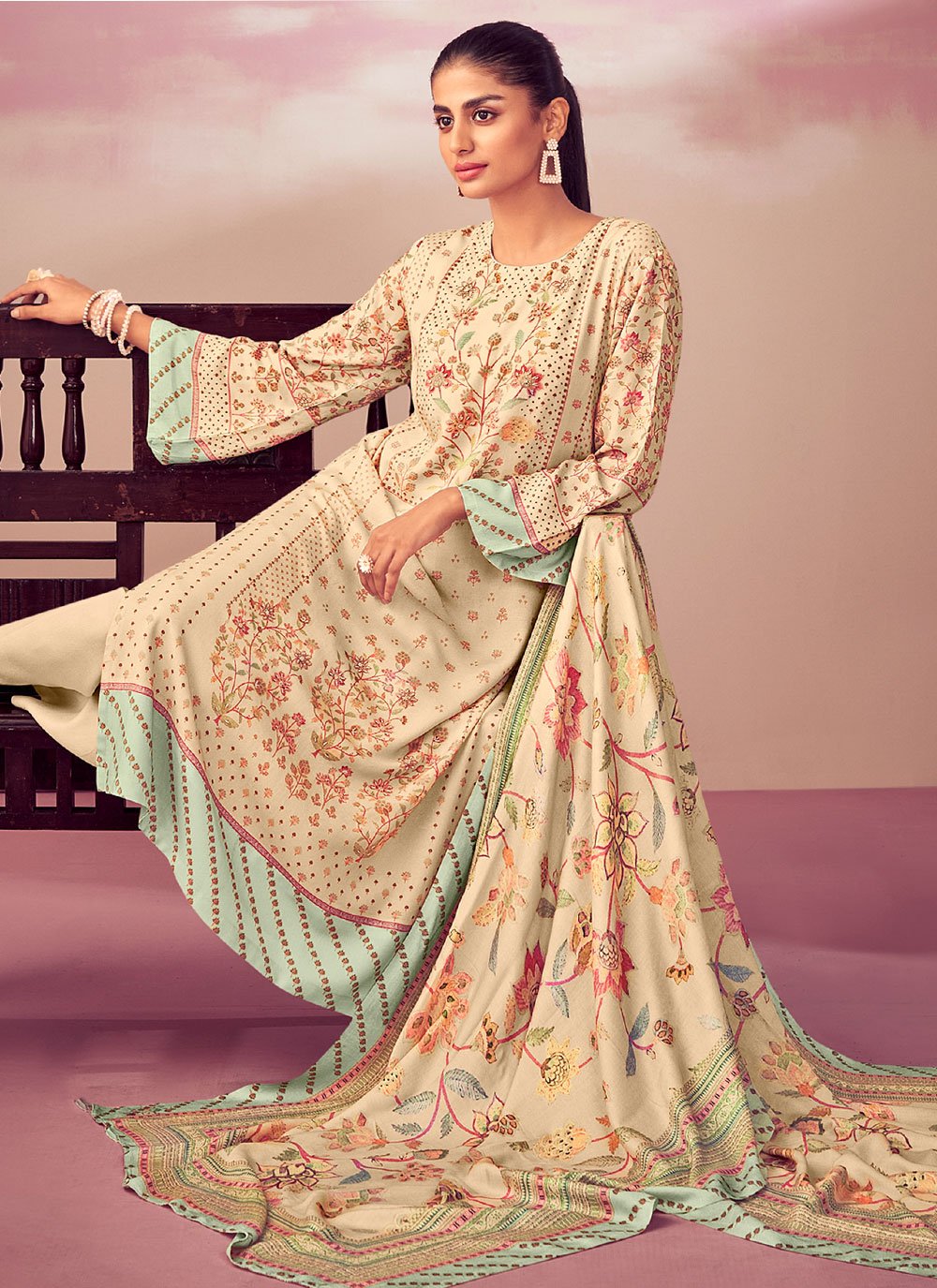 Trendy Suit Pashmina Beige Digital Print Salwar Kameez