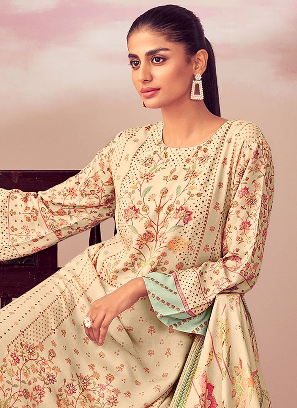 Trendy Suit Pashmina Beige Digital Print Salwar Kameez