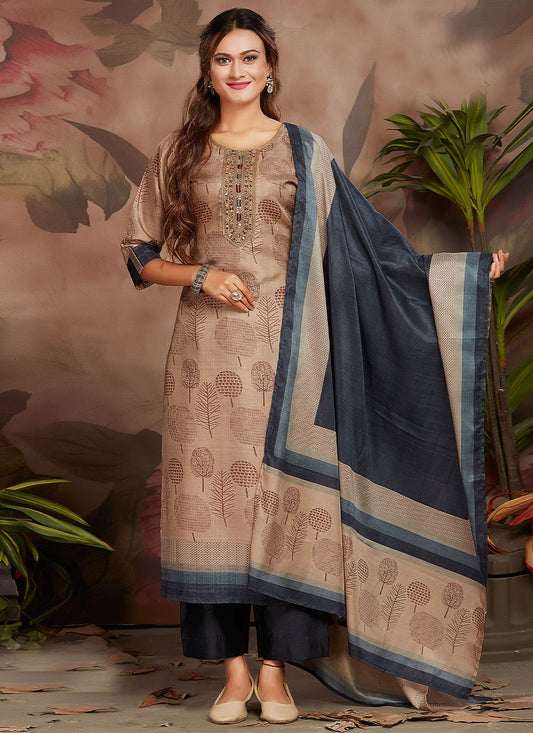 Straight Salwar Suit Poly Silk Tussar Silk Beige Digital Print Salwar Kameez