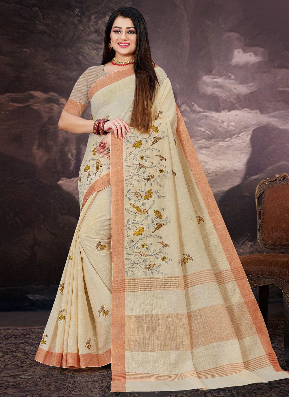 Contemporary Linen Beige Embroidered Saree