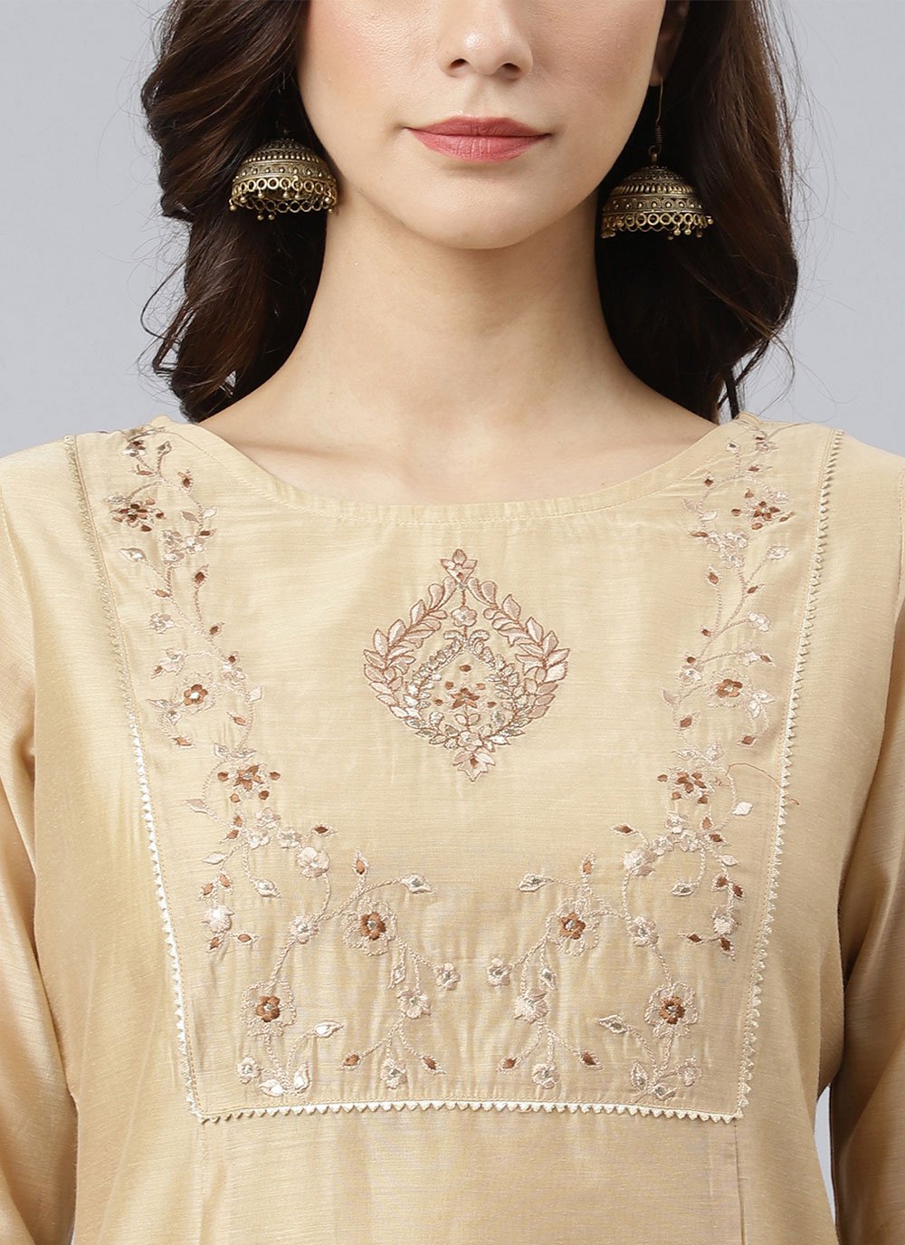 Salwar Suit Chanderi Silk Beige Embroidered Salwar Kameez