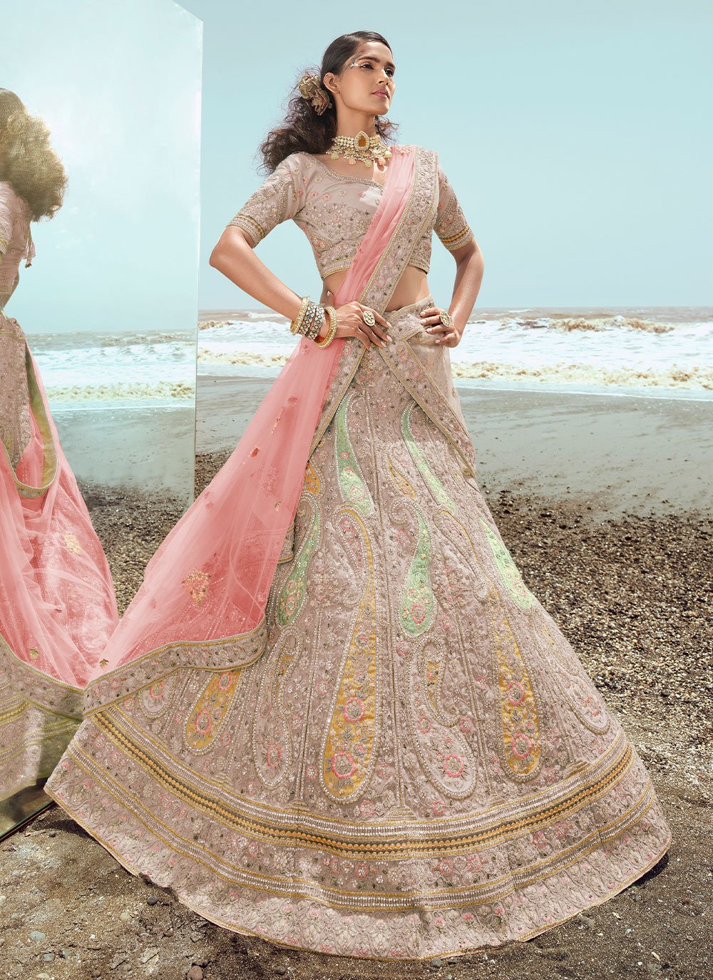 Lehenga Choli Organza Beige Dori Work Lehenga Choli