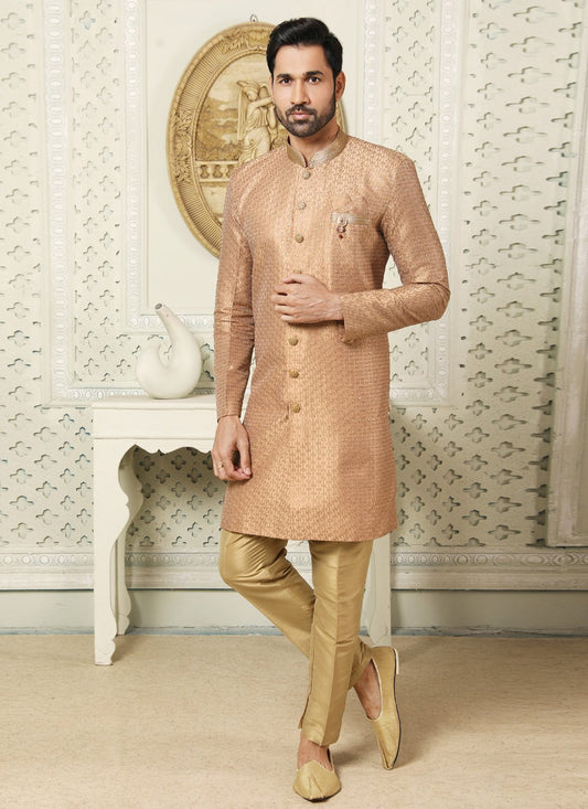 Indo Western Art Silk Beige Embroidered Mens