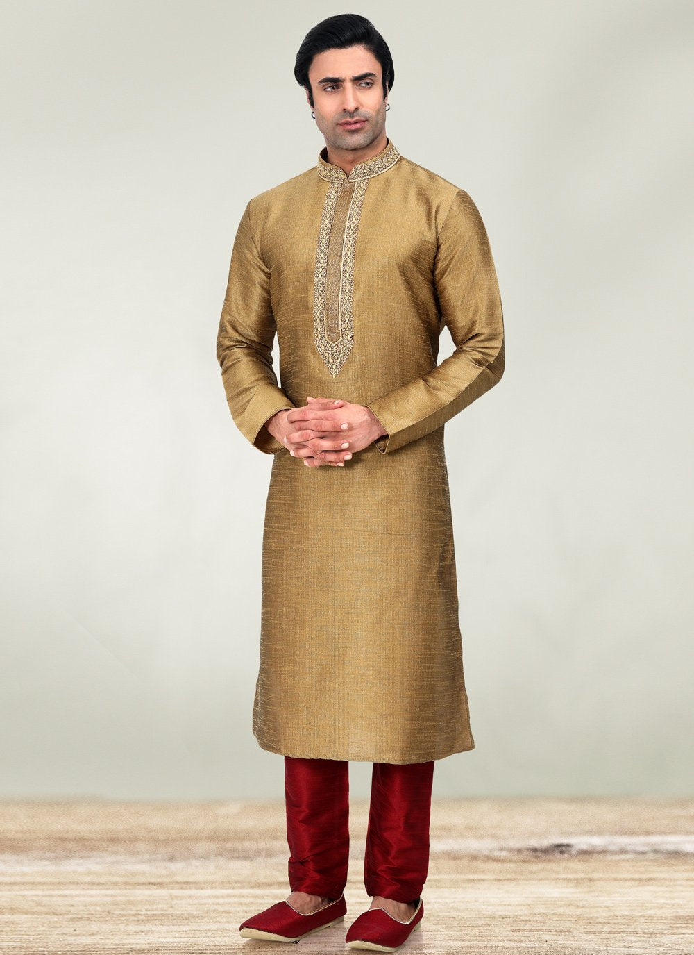 Kurta Pyjama Art Banarasi Silk Beige Embroidered Mens