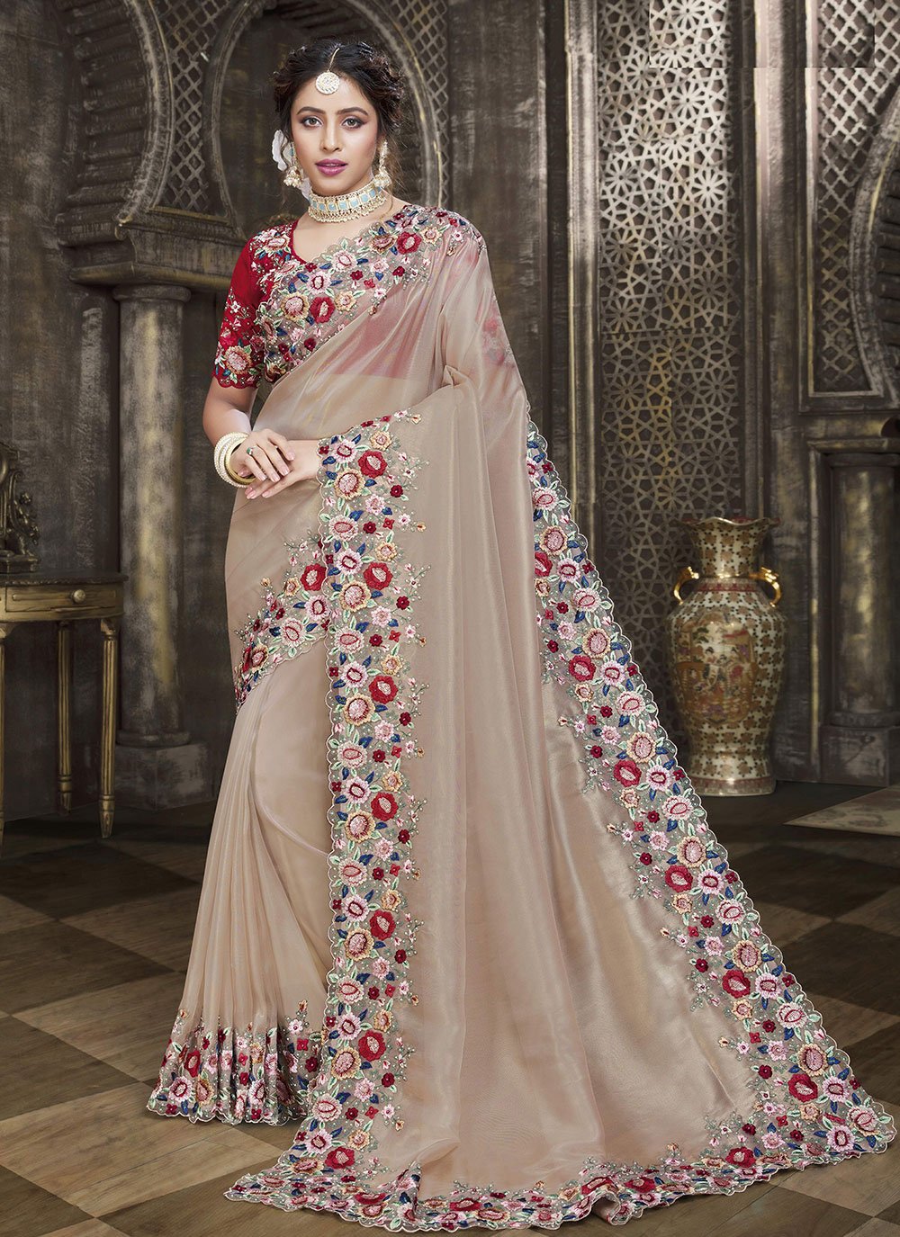 Classic Tissue Beige Embroidered Saree