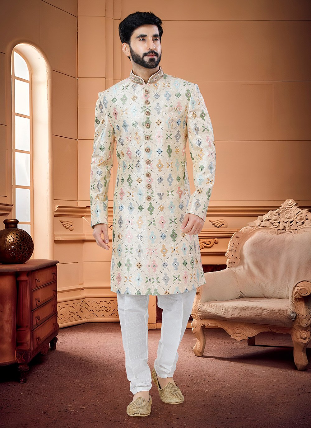 Indo Western Sherwani Silk Beige Embroidered Mens