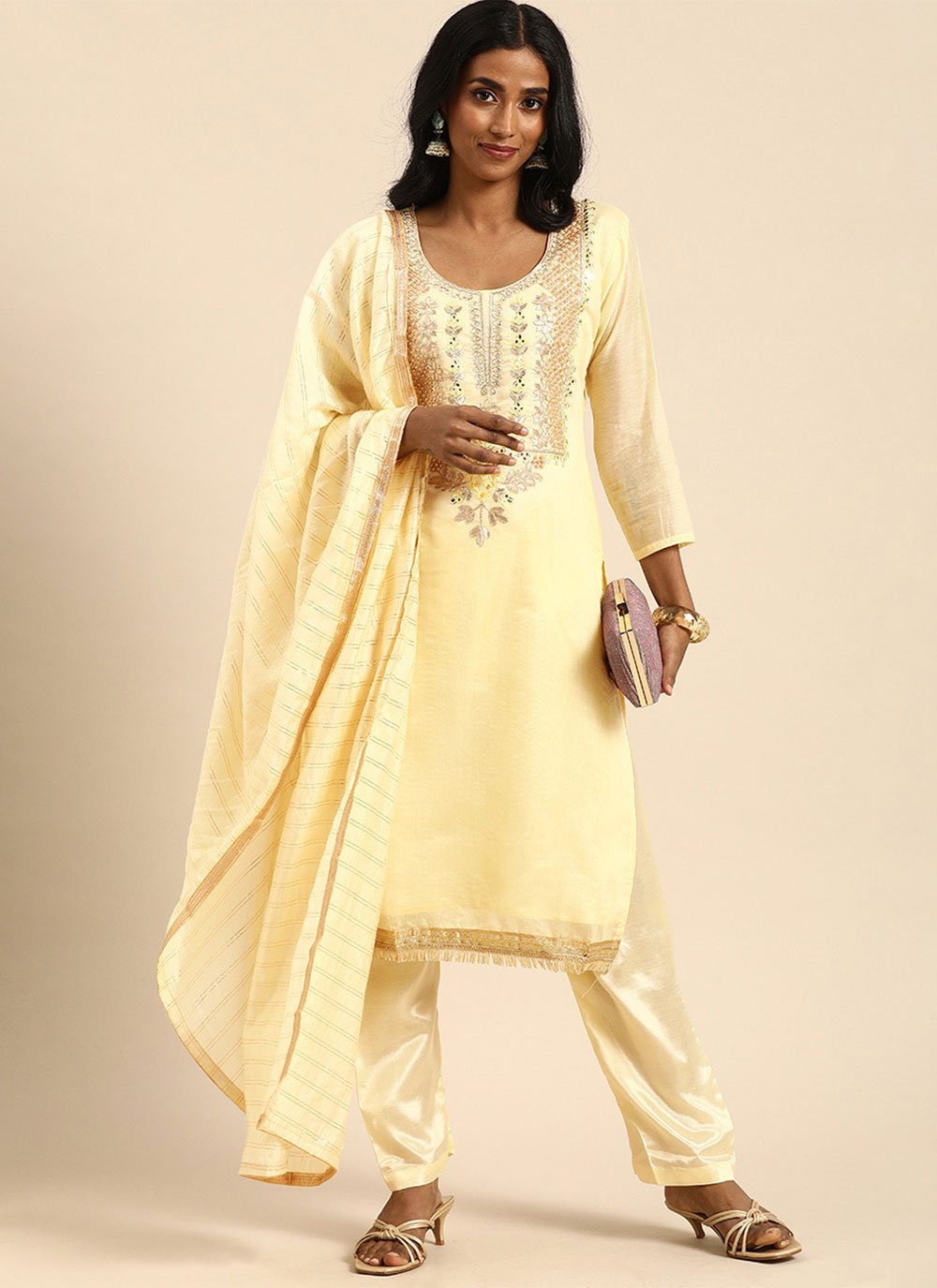 Salwar Suit Silk Beige Embroidered Salwar Kameez