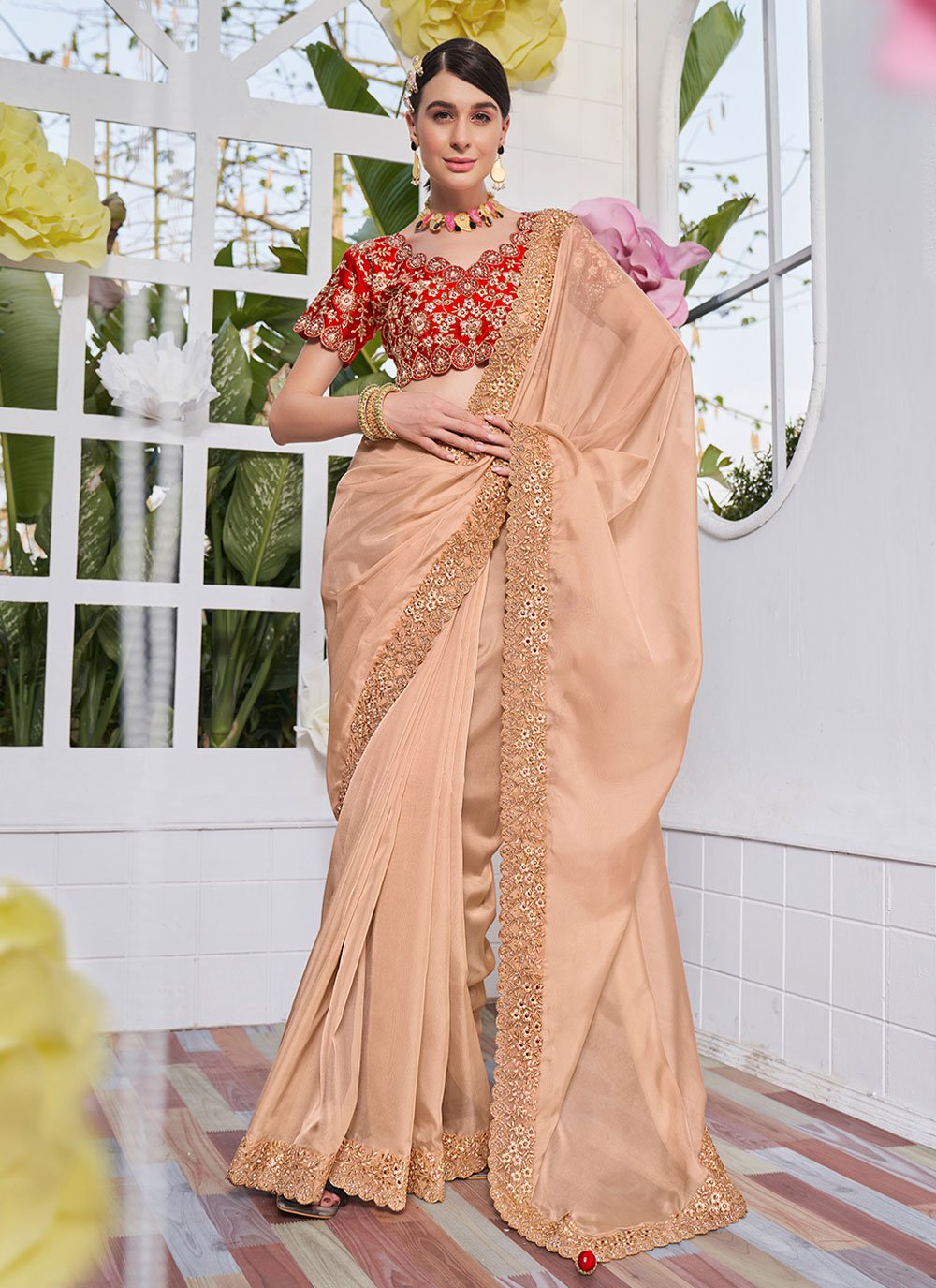 Trendy Saree Organza Satin Beige Embroidered Saree