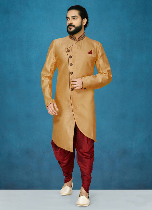 Indo Western Art Dupion Silk Beige Buttons Mens
