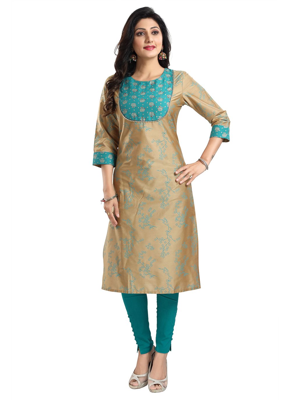 Casual Kurti Silk Blend Beige Fancy Work Kurtis