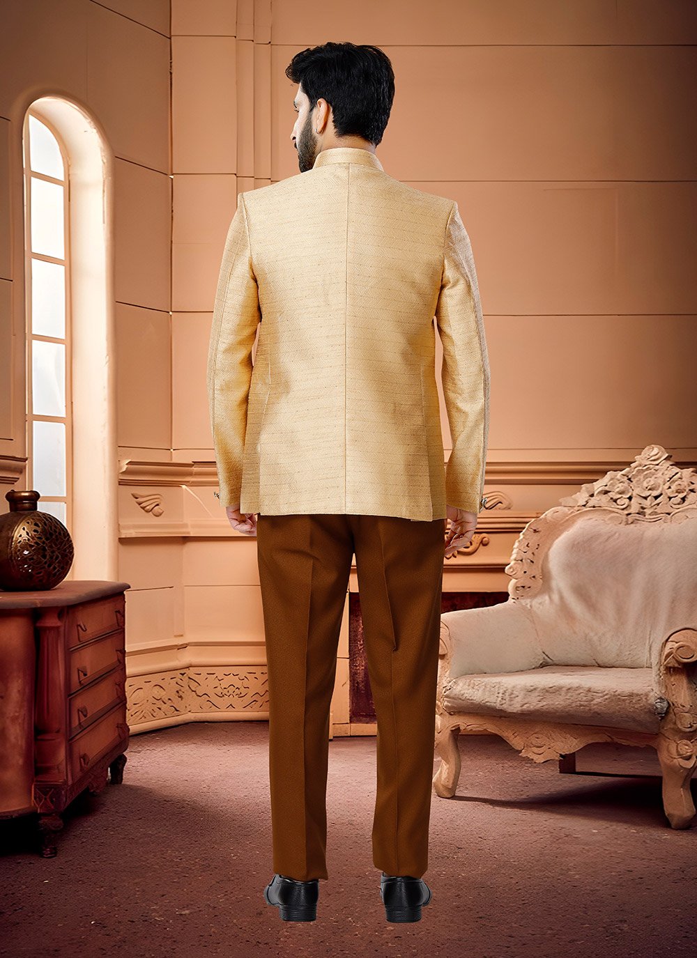 Jodhpuri Suit Jacquard Beige Buttons Mens