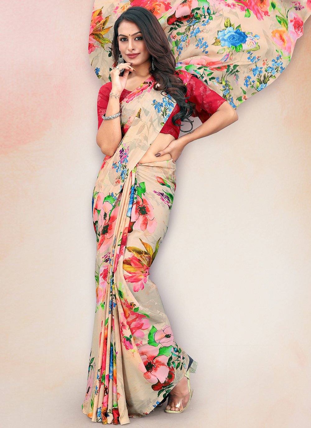 Classic Faux Crepe Beige Digital Print Saree