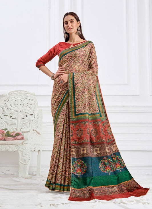 Contemporary Faux Crepe Beige Digital Print Saree