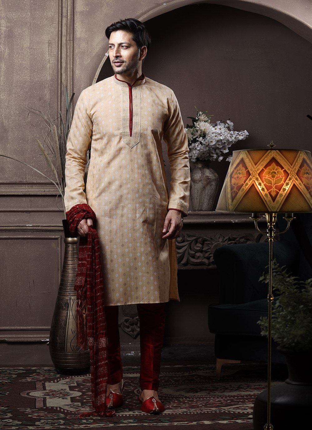 Kurta Pyjama Cotton Beige Print Mens