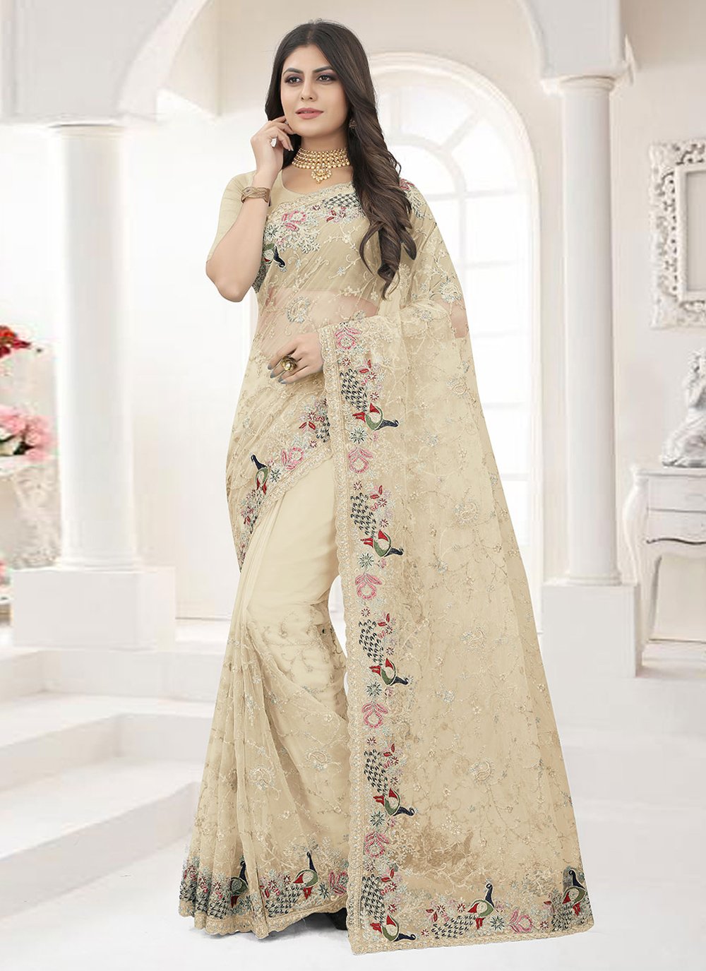 Designer Net Beige Embroidered Saree