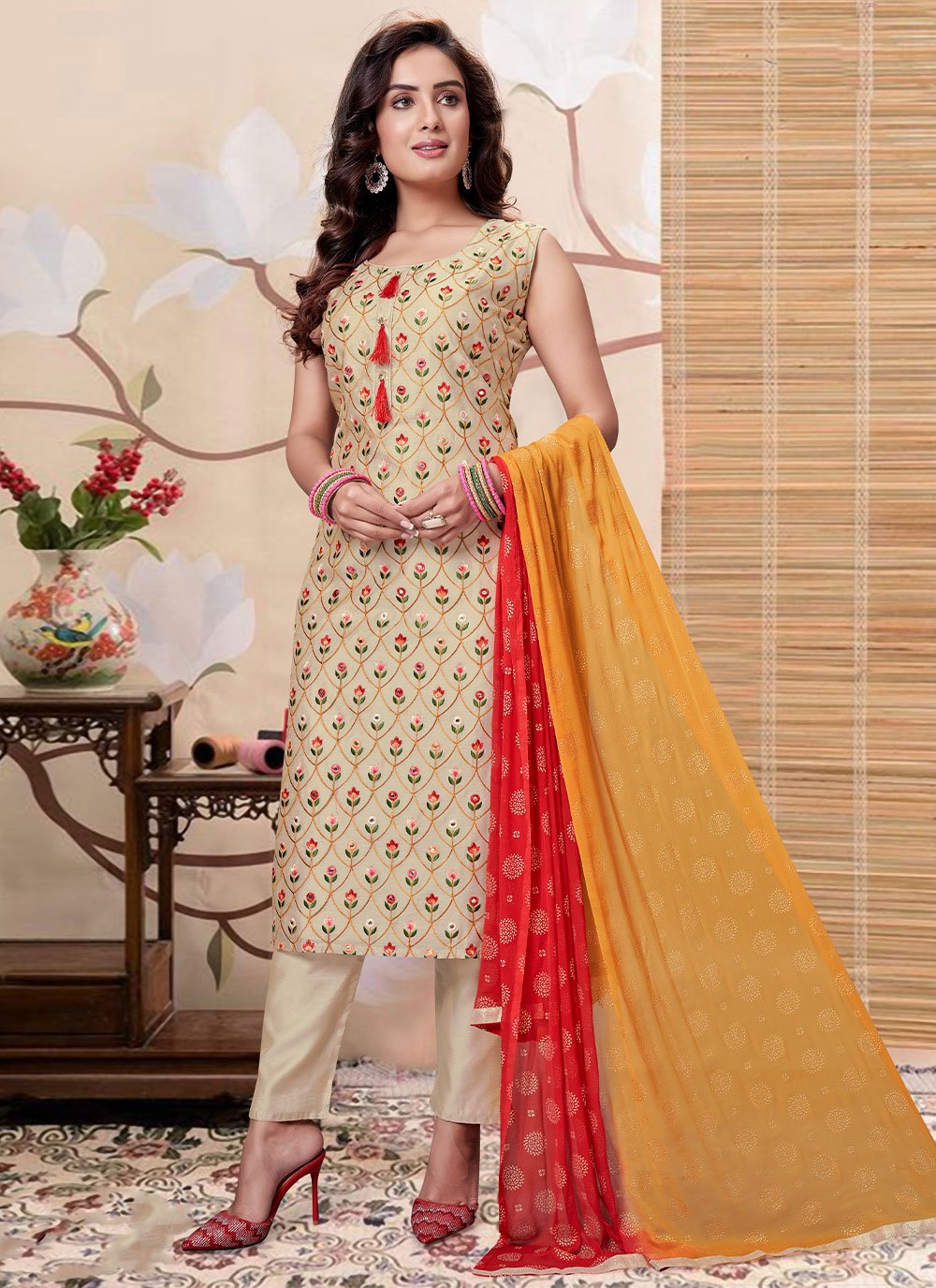 Salwar Suit Silk Beige Digital Print Salwar Kameez