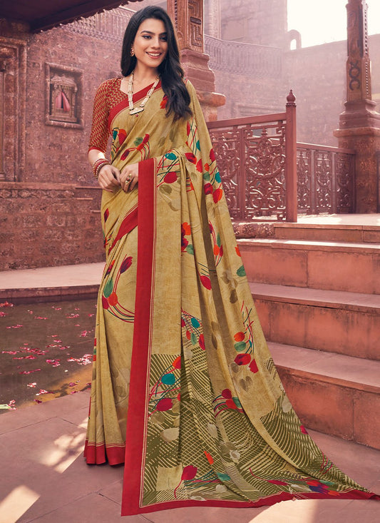 Trendy Saree Faux Crepe Beige Print Saree