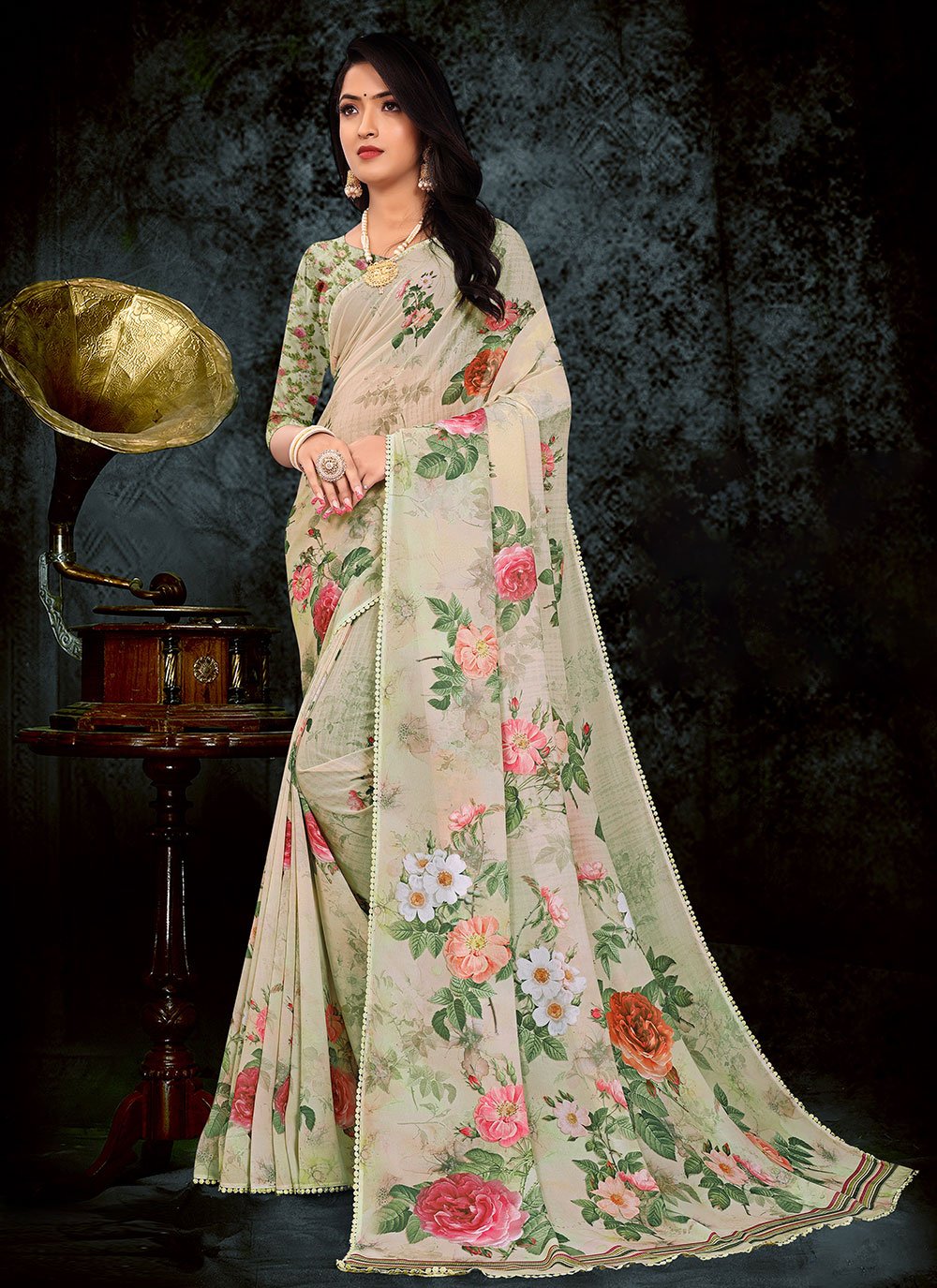 Classic Weight Less Beige Floral Patch Saree