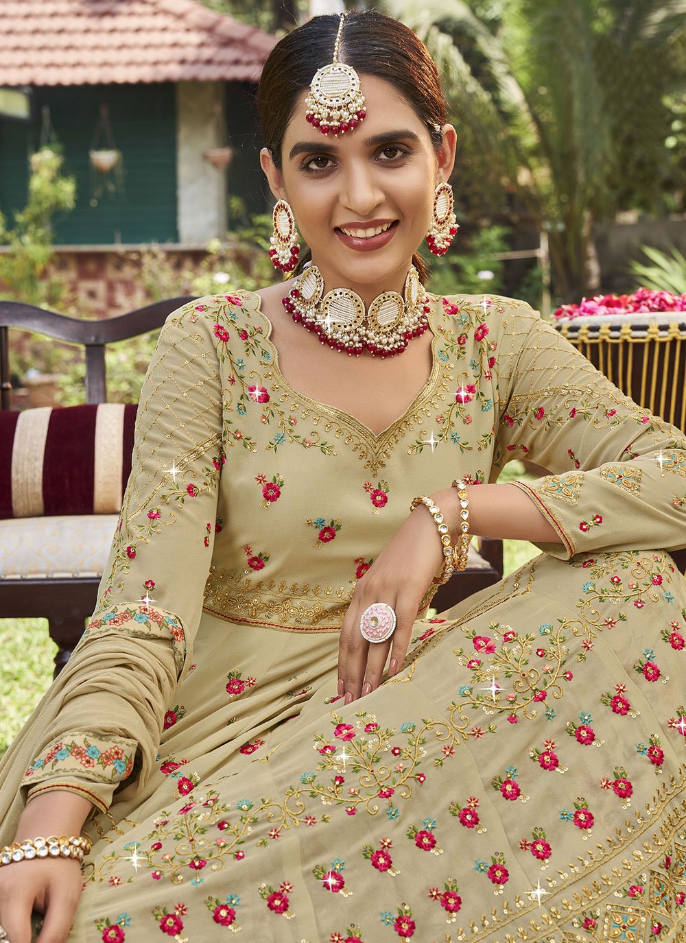 A Line Lehenga Georgette Beige Digital Print Lehenga Choli