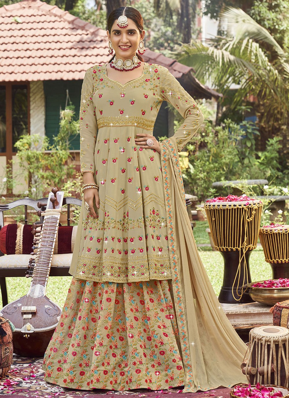 A Line Lehenga Georgette Beige Digital Print Lehenga Choli