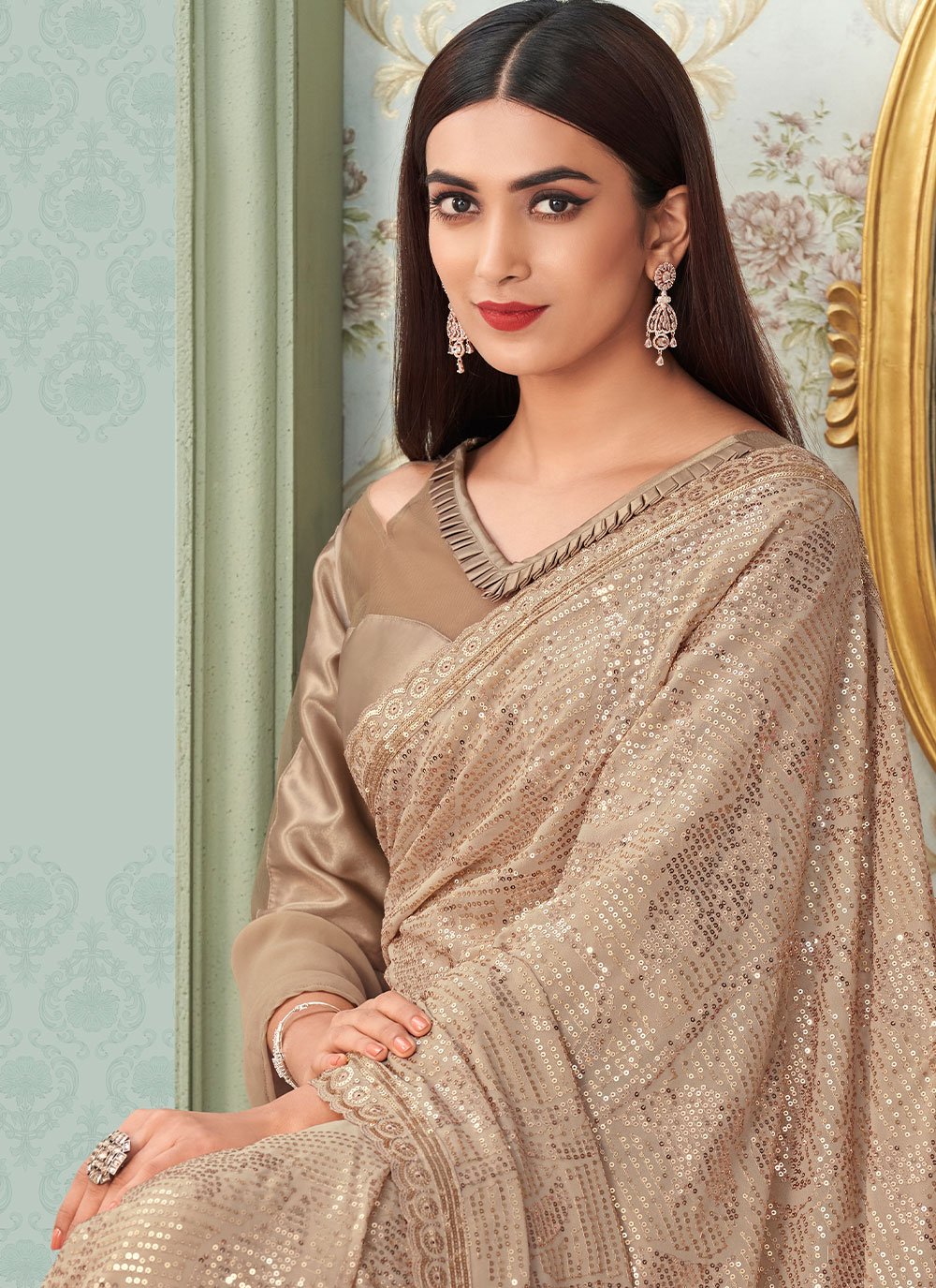 Designer Georgette Beige Sequins Saree