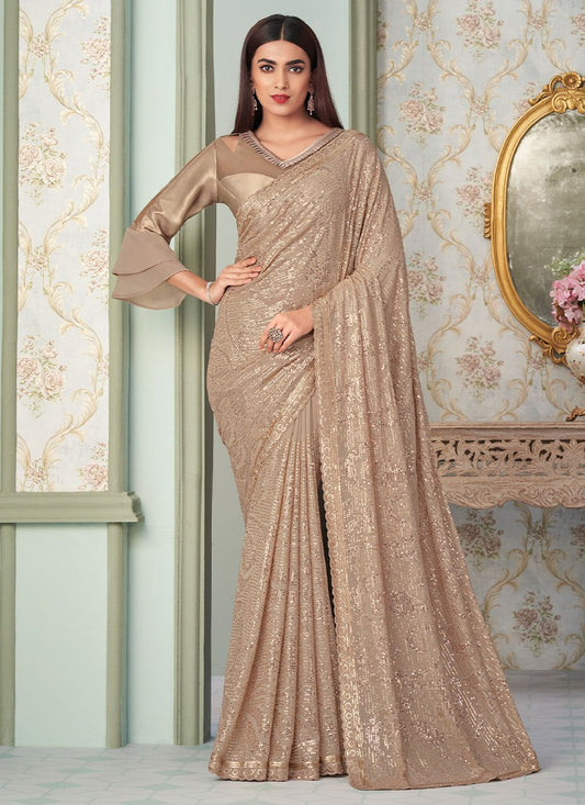 Designer Georgette Beige Sequins Saree