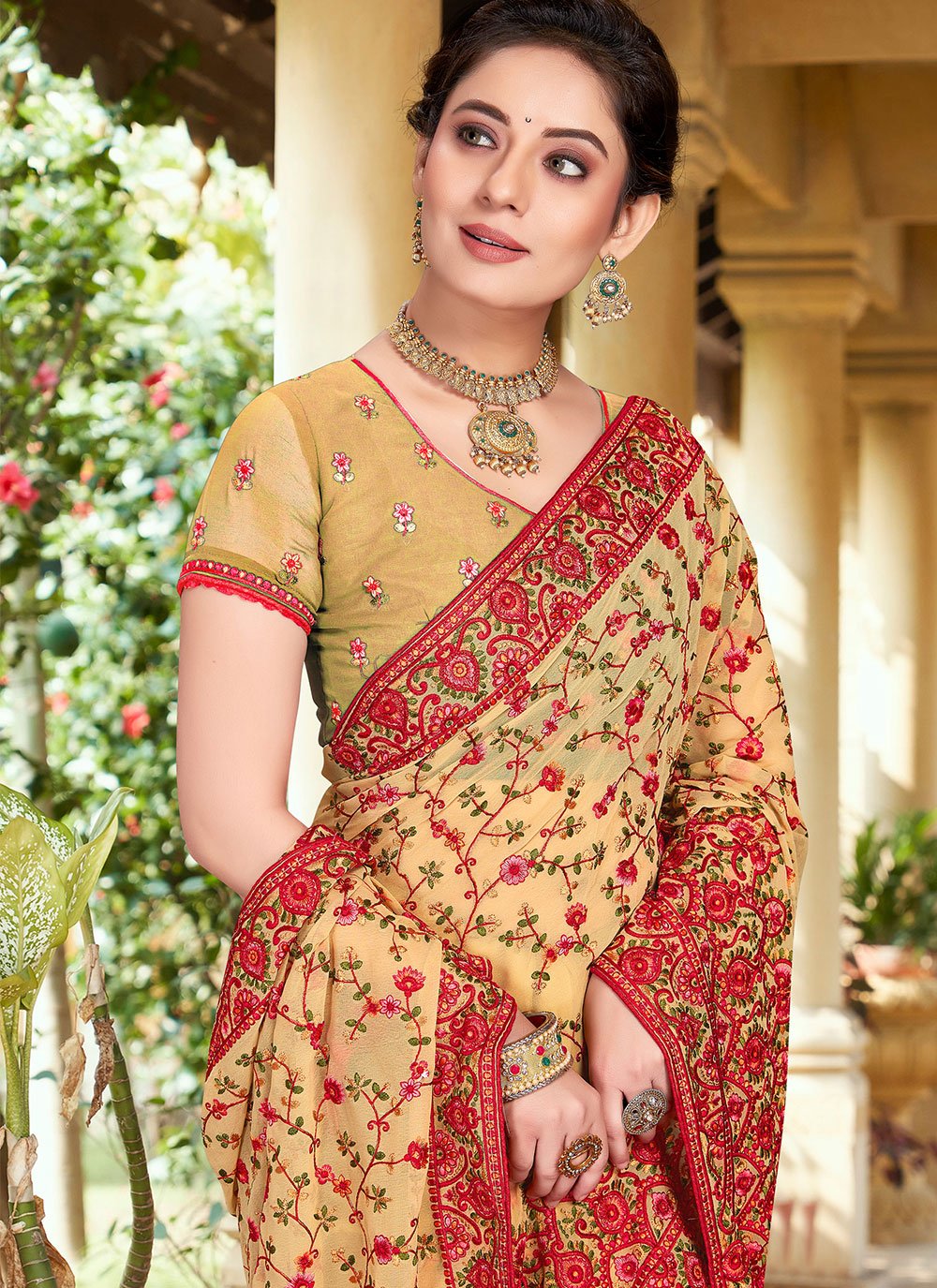 Classic Georgette Beige Embroidered Saree