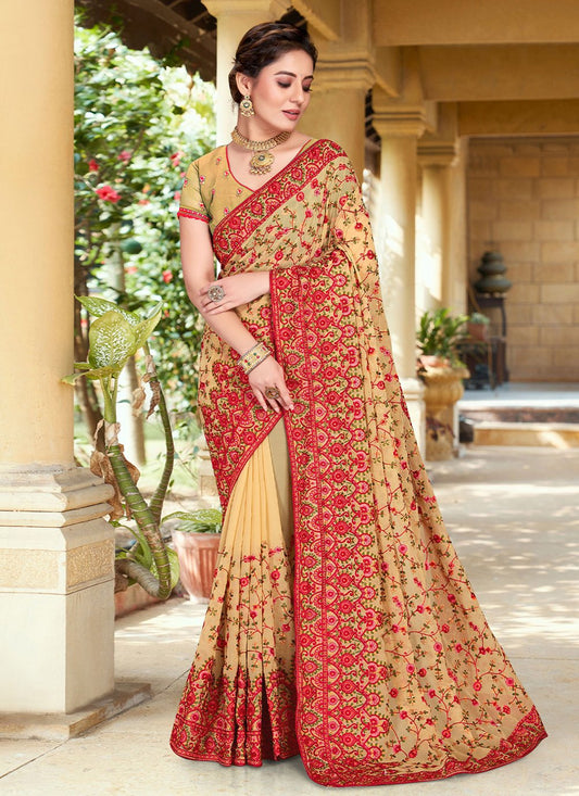 Classic Georgette Beige Embroidered Saree