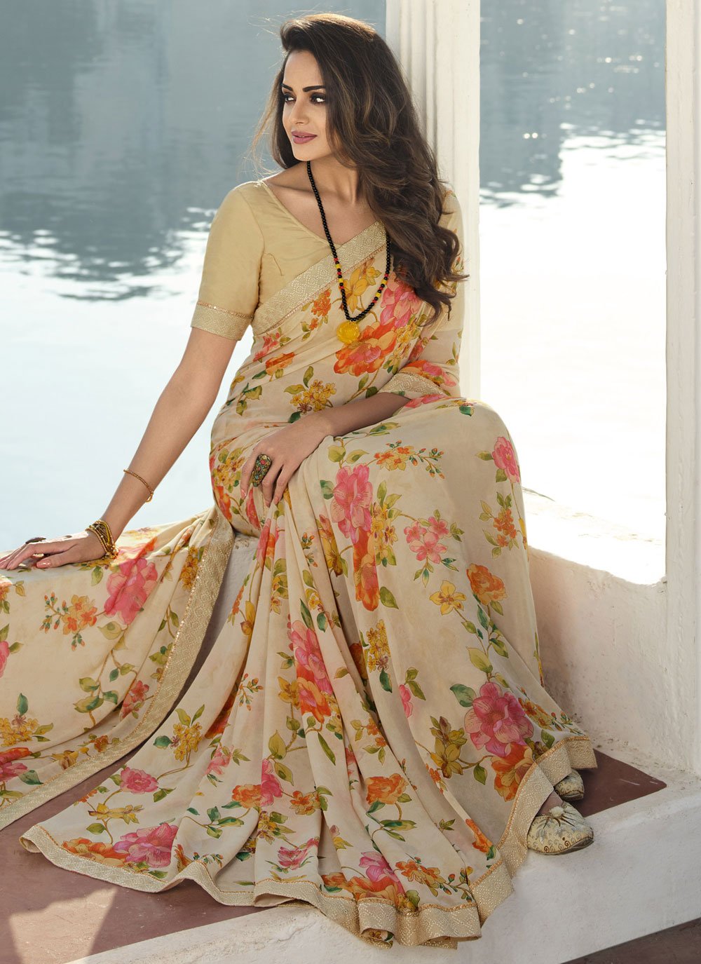 Classic Georgette Beige Print Saree