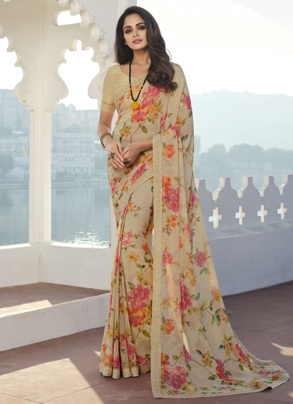 Classic Georgette Beige Print Saree