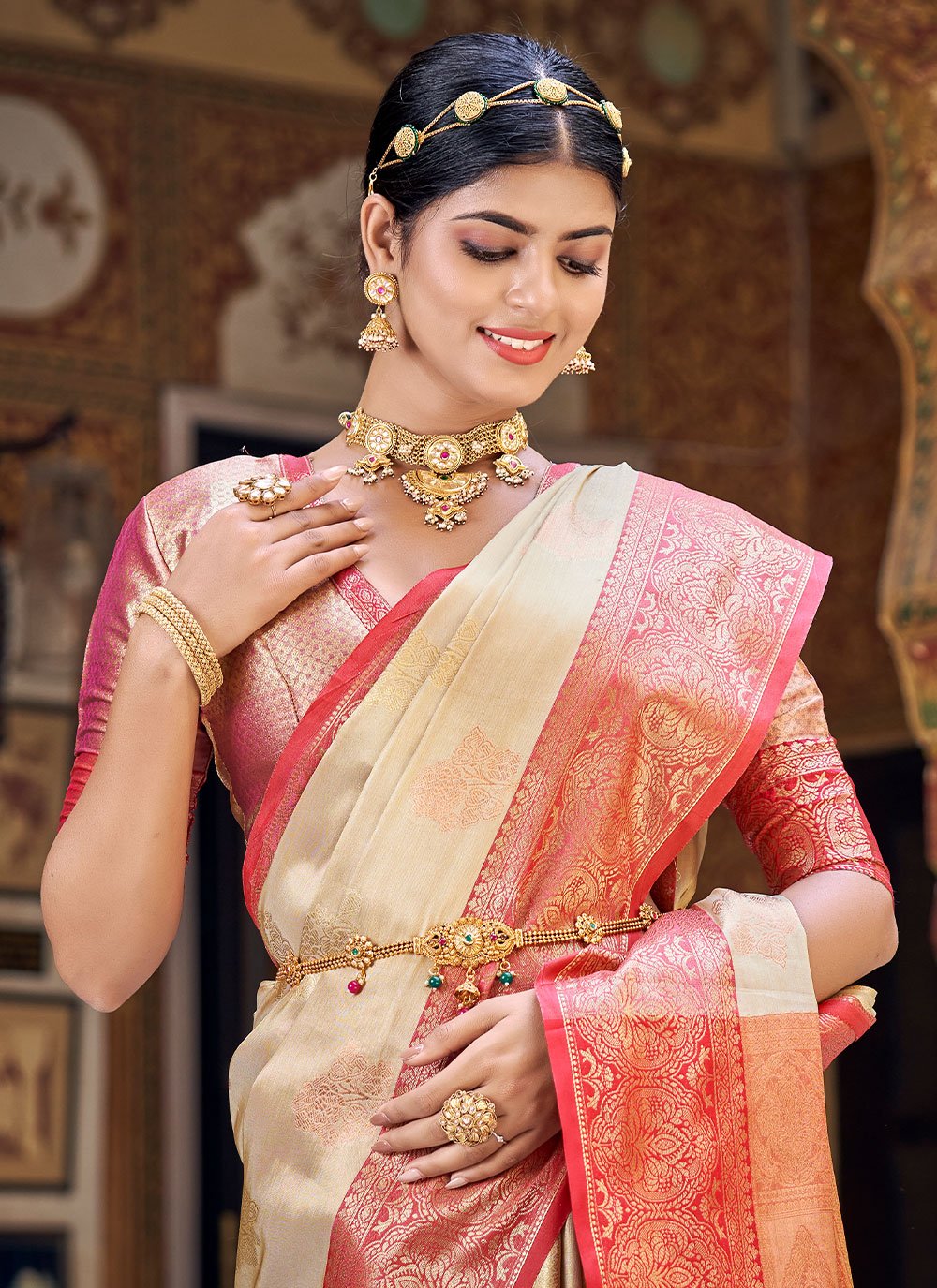 Classic Banarasi Silk Handloom Silk Tissue Beige Weaving Saree