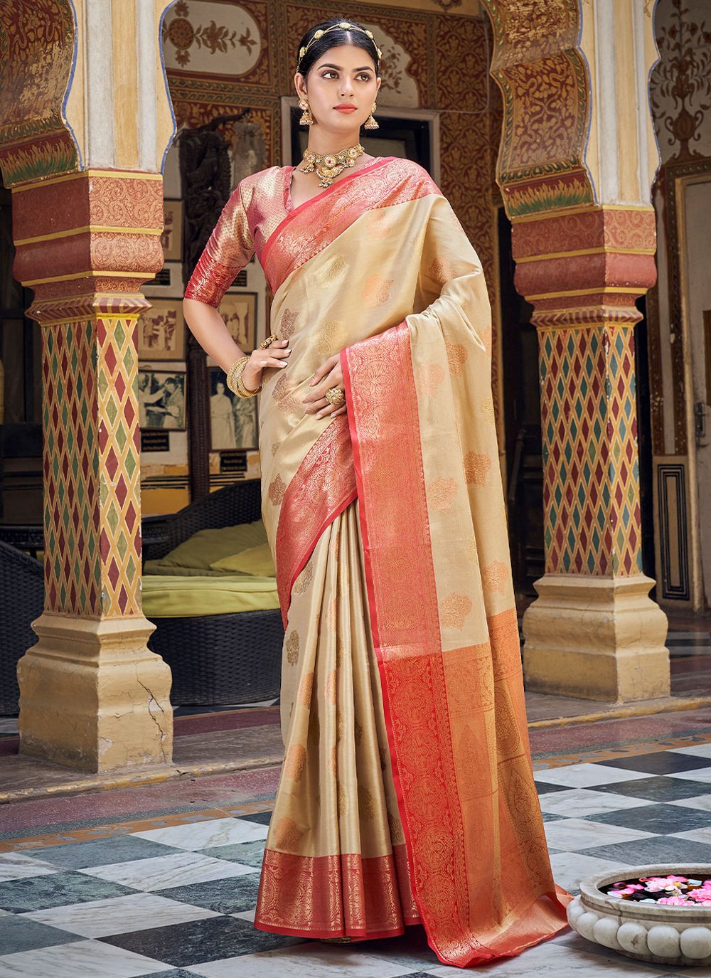 Classic Banarasi Silk Handloom Silk Tissue Beige Weaving Saree