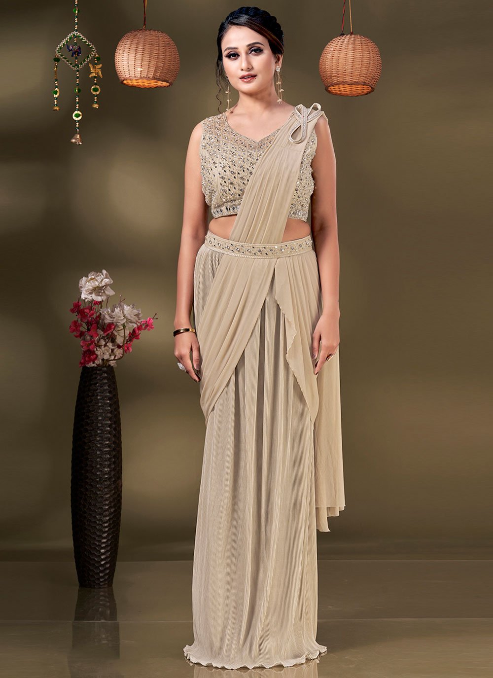 Classic Imported Beige Plain Saree