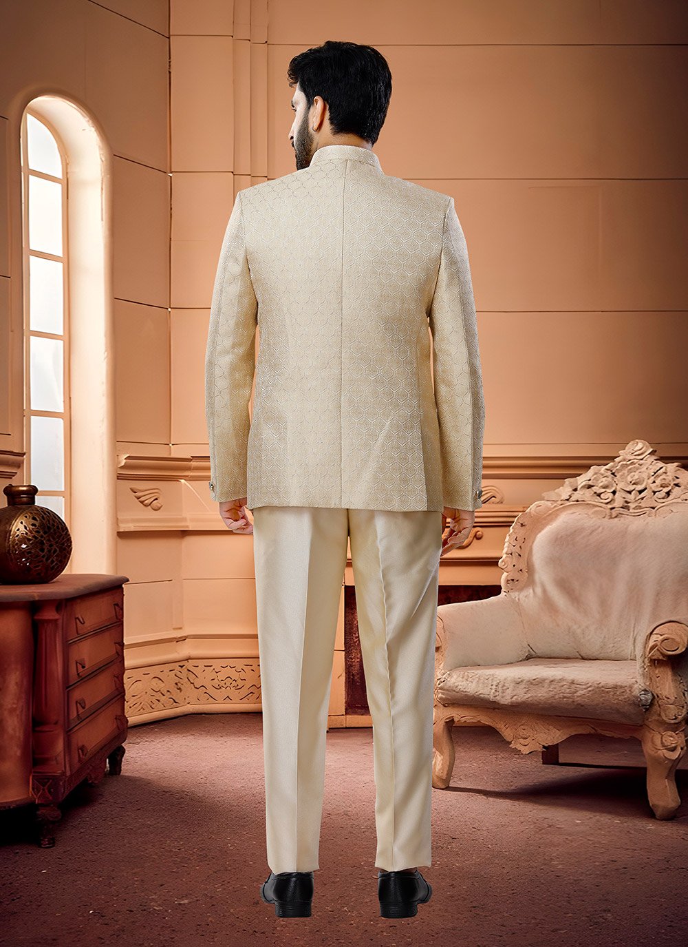 Jodhpuri Suit Jacquard Beige Fancy Work Mens