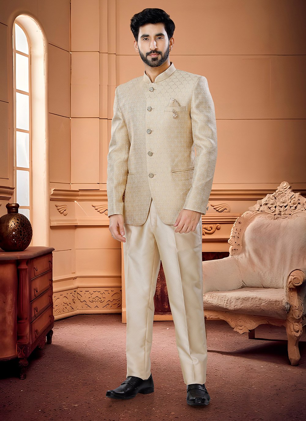 Jodhpuri Suit Jacquard Beige Fancy Work Mens