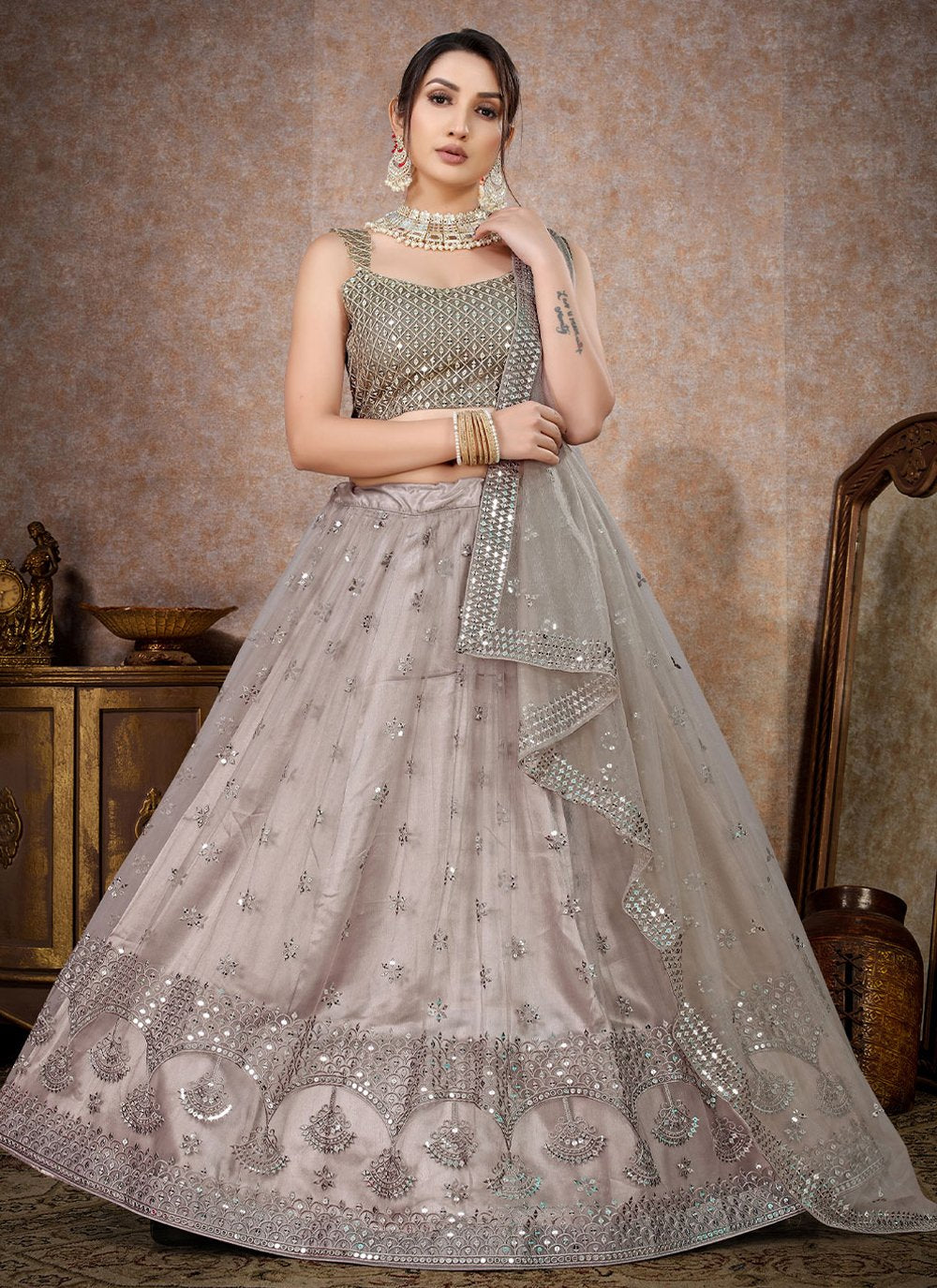 Lehenga Choli Net Beige Embroidered Lehenga Choli